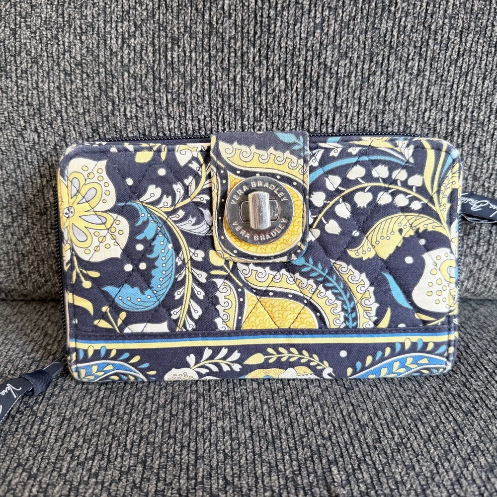 Vera Bradley Navy Paisley Quilted Wristlet Clutch with Yellow & Blue Accents EUC